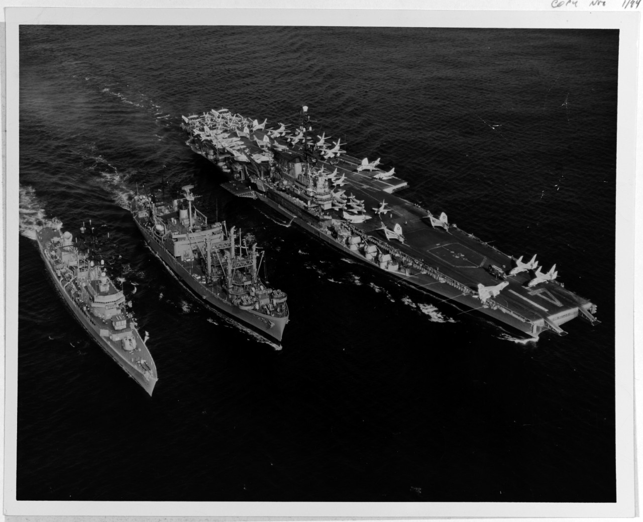 USS HALEAKALA (AE-25) replenishes USS MAHAN (DLG-11) and USS MIDWAY (CVA-41)