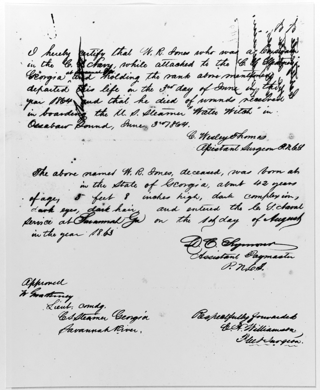 Death certificate of Coxswain W.R. Jones, C.S. Navy.
