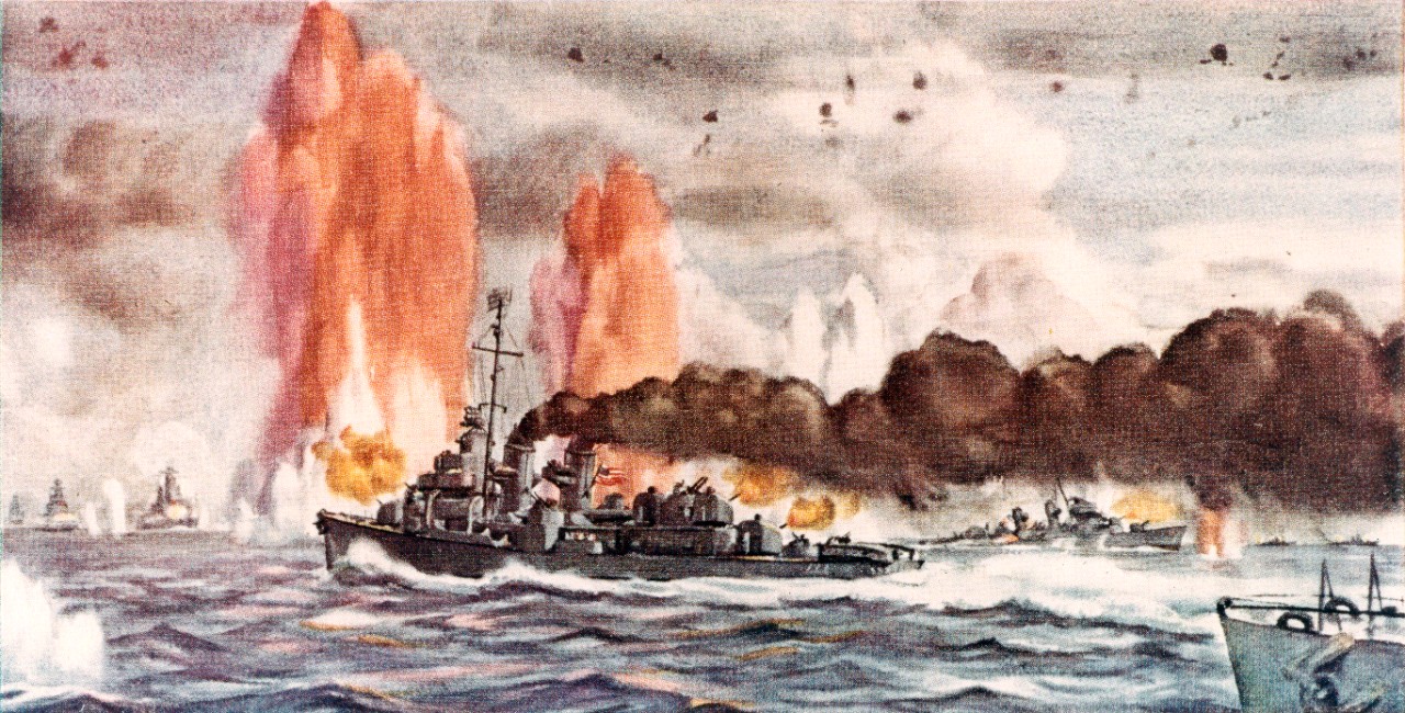 Watercolor by Commander Dwight C. Shepler, USNR, depicting the counterattack by the escort carrier group’s screen. Ships present are (L-R): Japanese battleships Nagato, Haruna, and Yamato, with salvo from Yamato landing in left center; USS Heerman (DD-532), USS Hoel (DD-533) sinking; Japanese cruisers Tone and Chikuma. Note: the original watercolor was commissioned specifically for the dust jacket of Samuel Eliot Morison’s “History of U.S. Naval Operations in World War II,” Volume XII, and reprinted in Volume XV of the same work. The painting was missing in 1973, so this photograph was made from the reproduction in the latter volume.