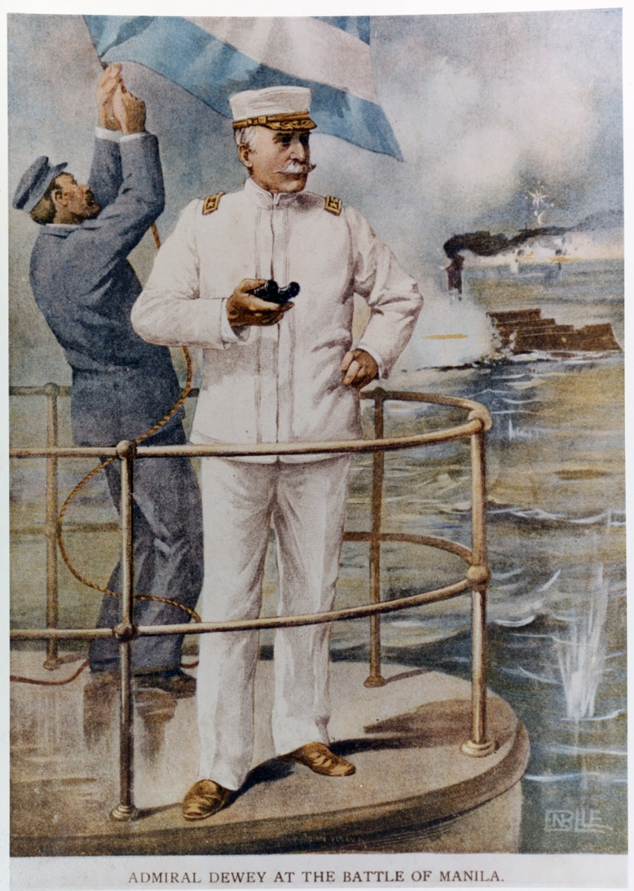 "Admiral Dewey at the Battle of Manila." Contemporary colored print depicting Commodore George Dewey on the bridge of his flagship, USS Olympia, during the Battle of Manila Bay, 1 May 1898. Courtesy of the Naval Historical Foundation, Collection of C.J. Dutreaux.