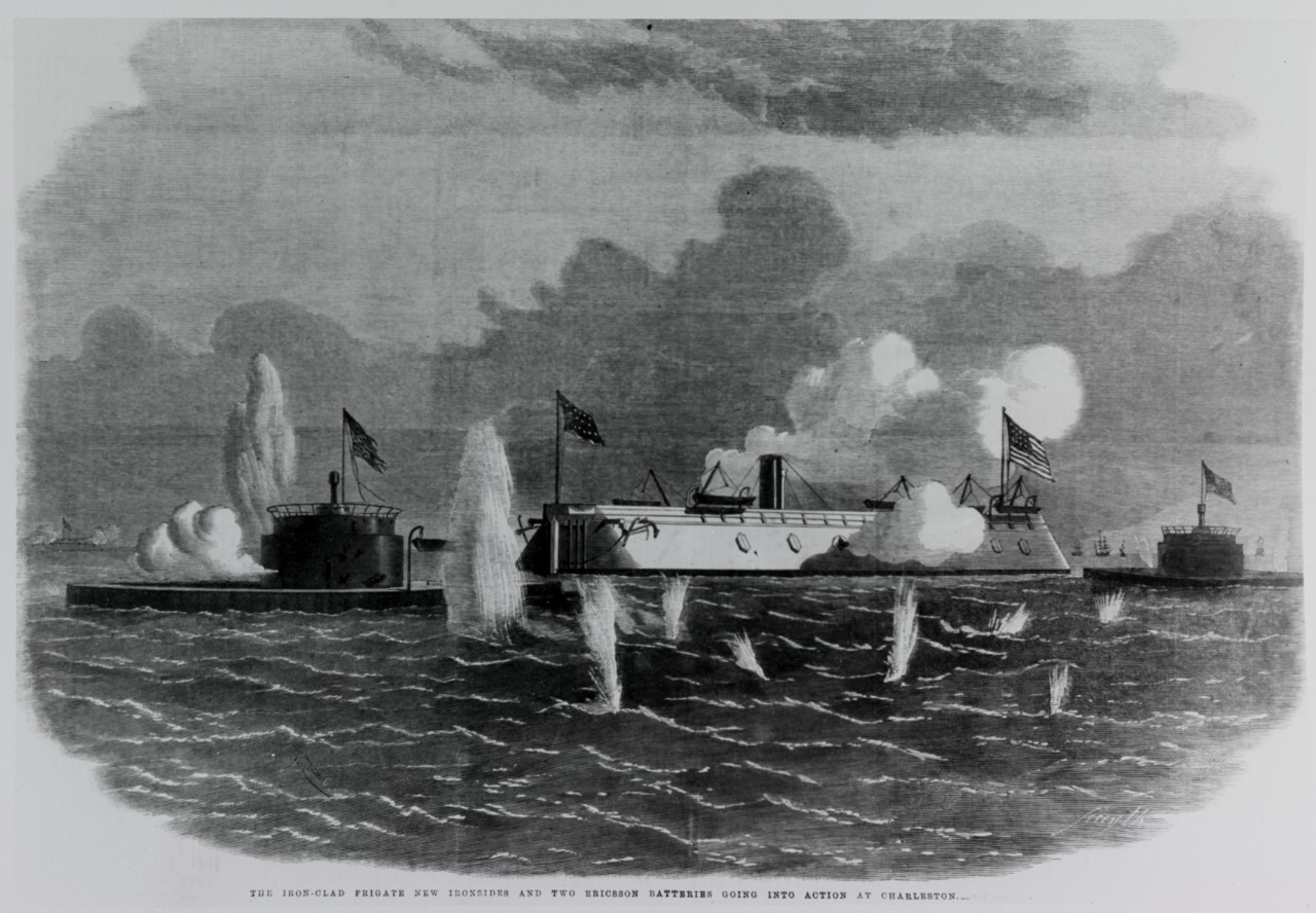 Photo #: NH 85573-KN &quot;The Iron-Clad Frigate New Ironsides and Two Ericsson Batteries going into action at Charleston&quot;