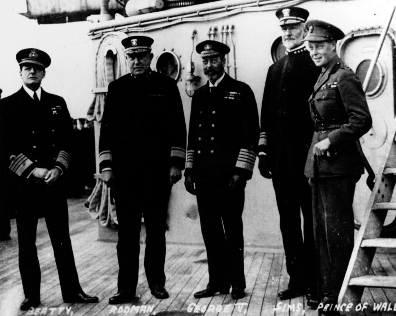 Admiral David Beatty, Royal Navy; Rear Admiral Hugh Rodman, USN; King George V; Vice Admiral William S. Sims, USN; and the Prince of Wales (later Edward VIII)