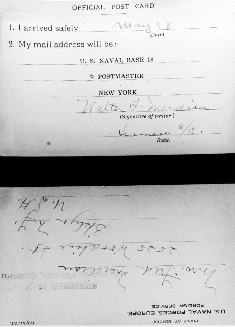 Navy World War I notice of Safe arrival and new address postcard