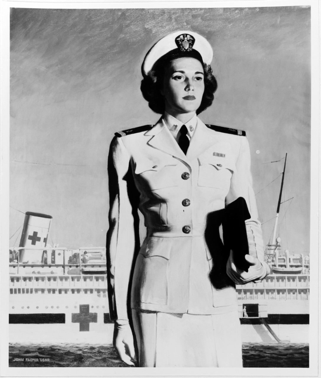 Navy Nurse with Hospital Ship in Background