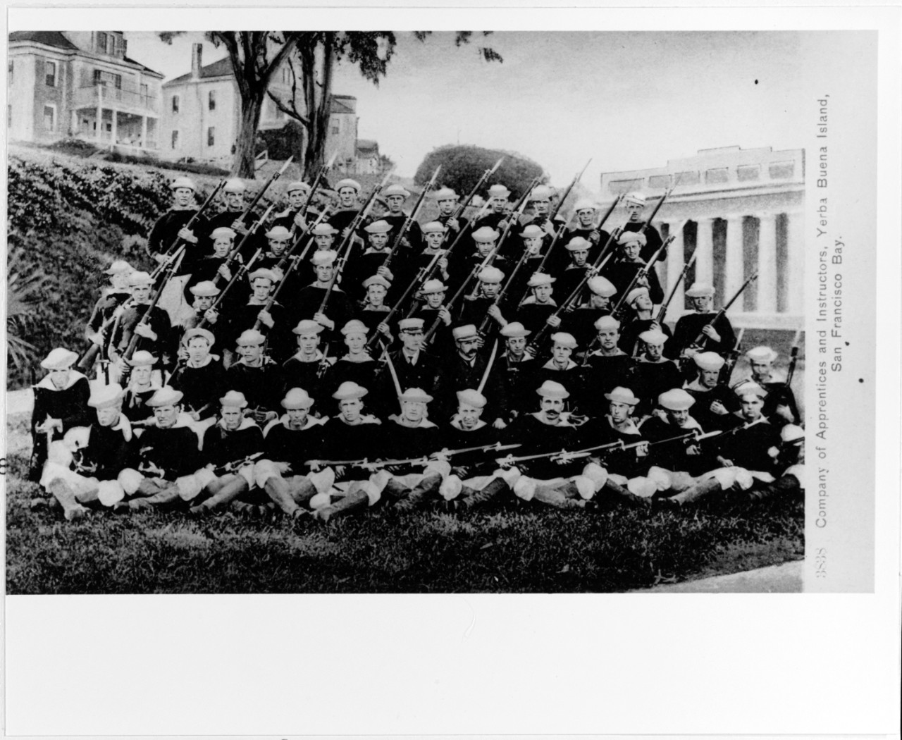 Company of apprentices and instructors, on the station drill field, circa 1910. Naval Training Station, Yerba Buena Island, San Francisco Bay. 