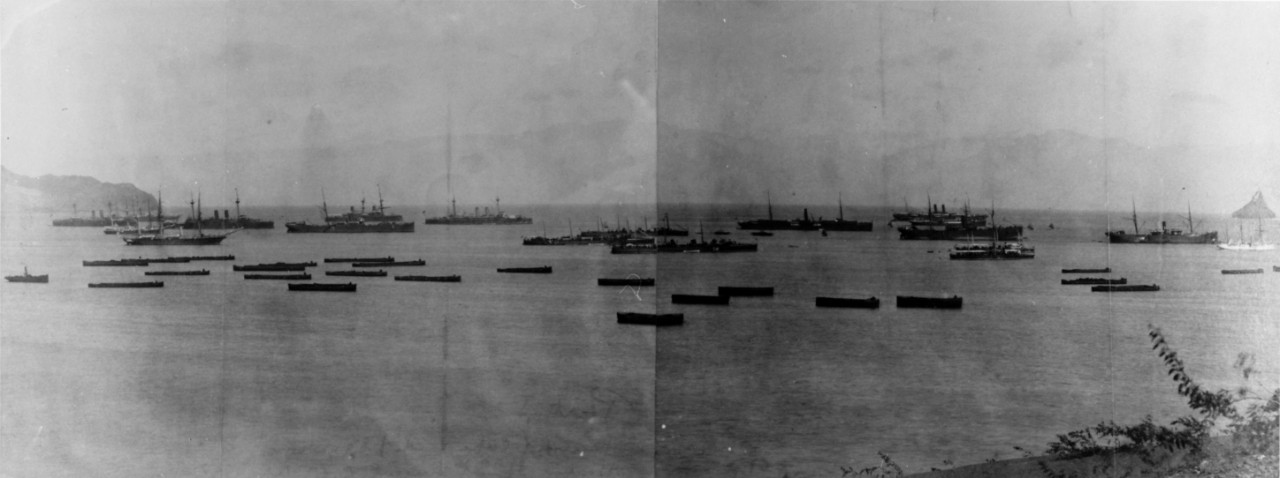 Photo #: NH 88741  Admiral Cervera's fleet at anchor in the Cape Verde Islands, April 1898.