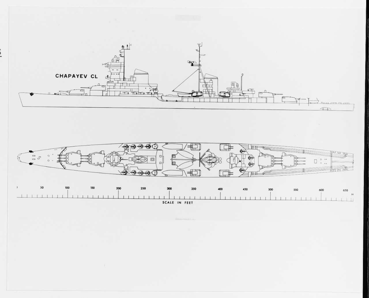 Soviet CHAPAYEV class light cruiser, circa 1960 appearance drawing.