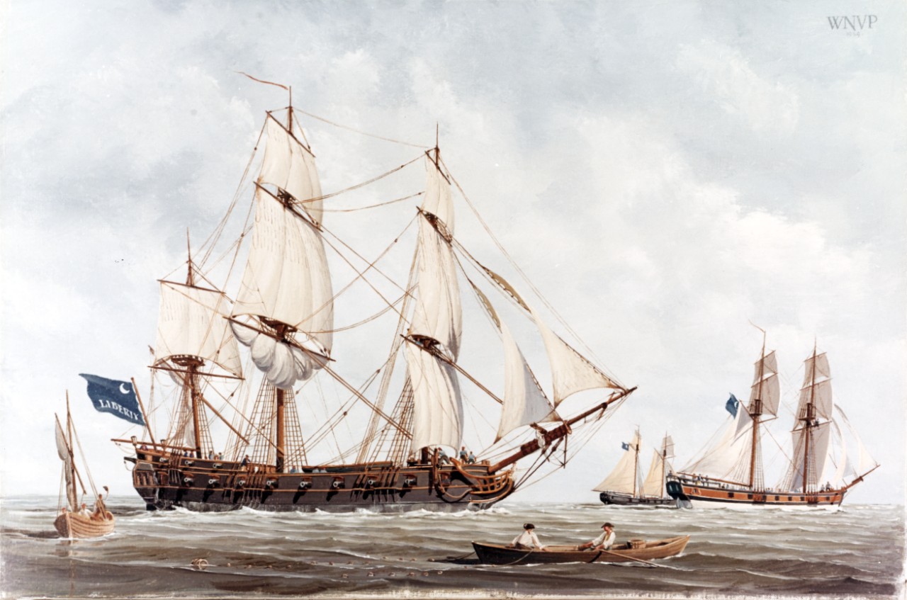 South Carolina Navy Frigate PROSPER, with smaller warships DEFENCE and COMET, American Revolution