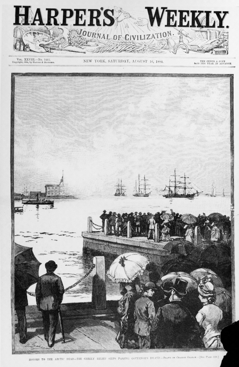 " Honors to the Arctic Dead --The Greely Relief Ships Passing Governor's Island" New York Harbor