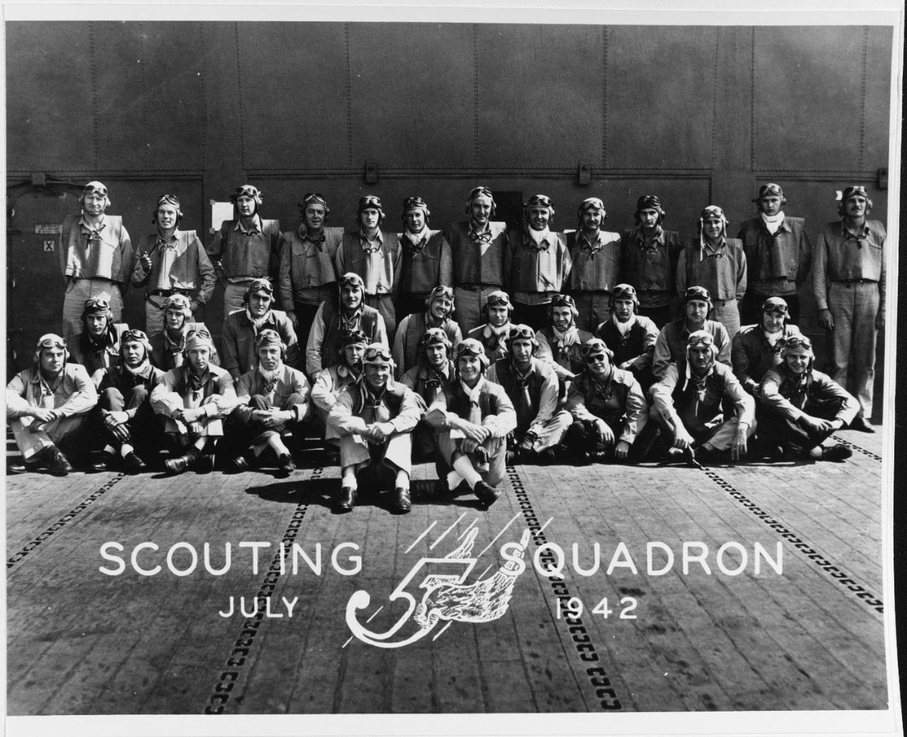 Photo #: NH 95553 Scouting Squadron Five (VS-5) (In front, seated, left to right): (Second row, seated, left to right): (Third row, kneeling, left to right): (Back row, standing, left to right):