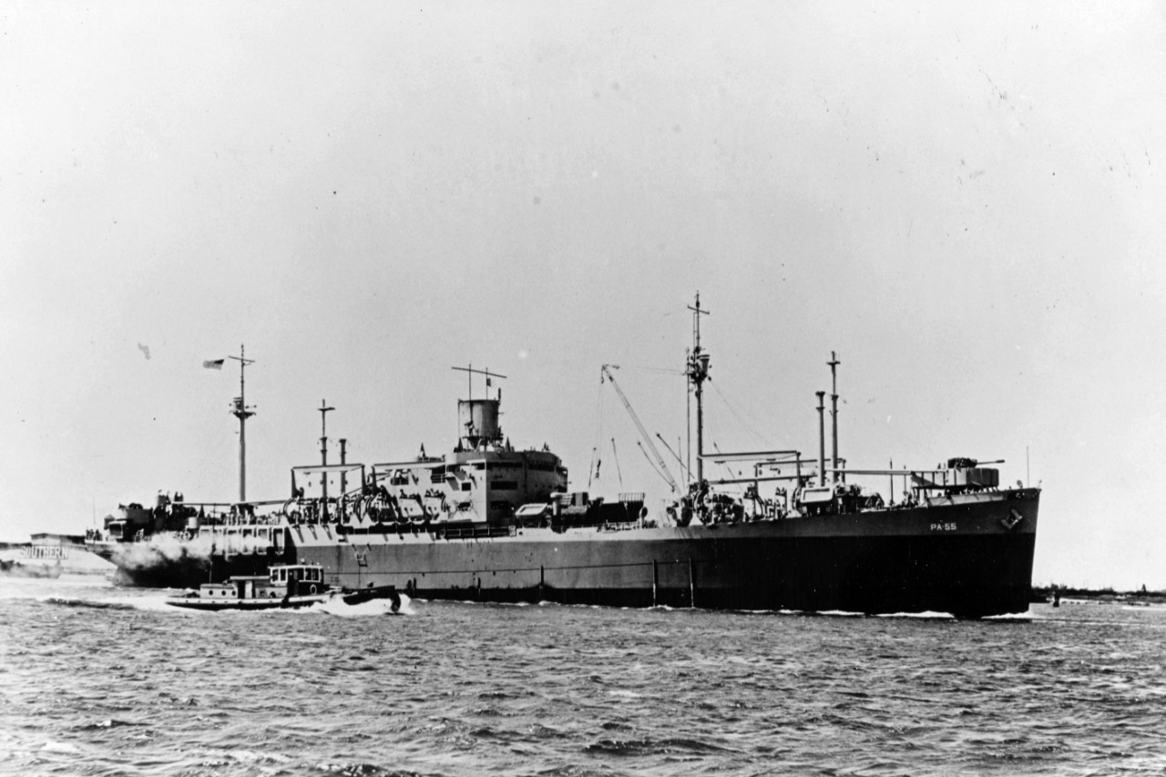 USS Windsor (APA-55) underway in harbor, circa 1943. Official U.S. Navy Photograph, from the collections of the Naval History and Heritage Command.