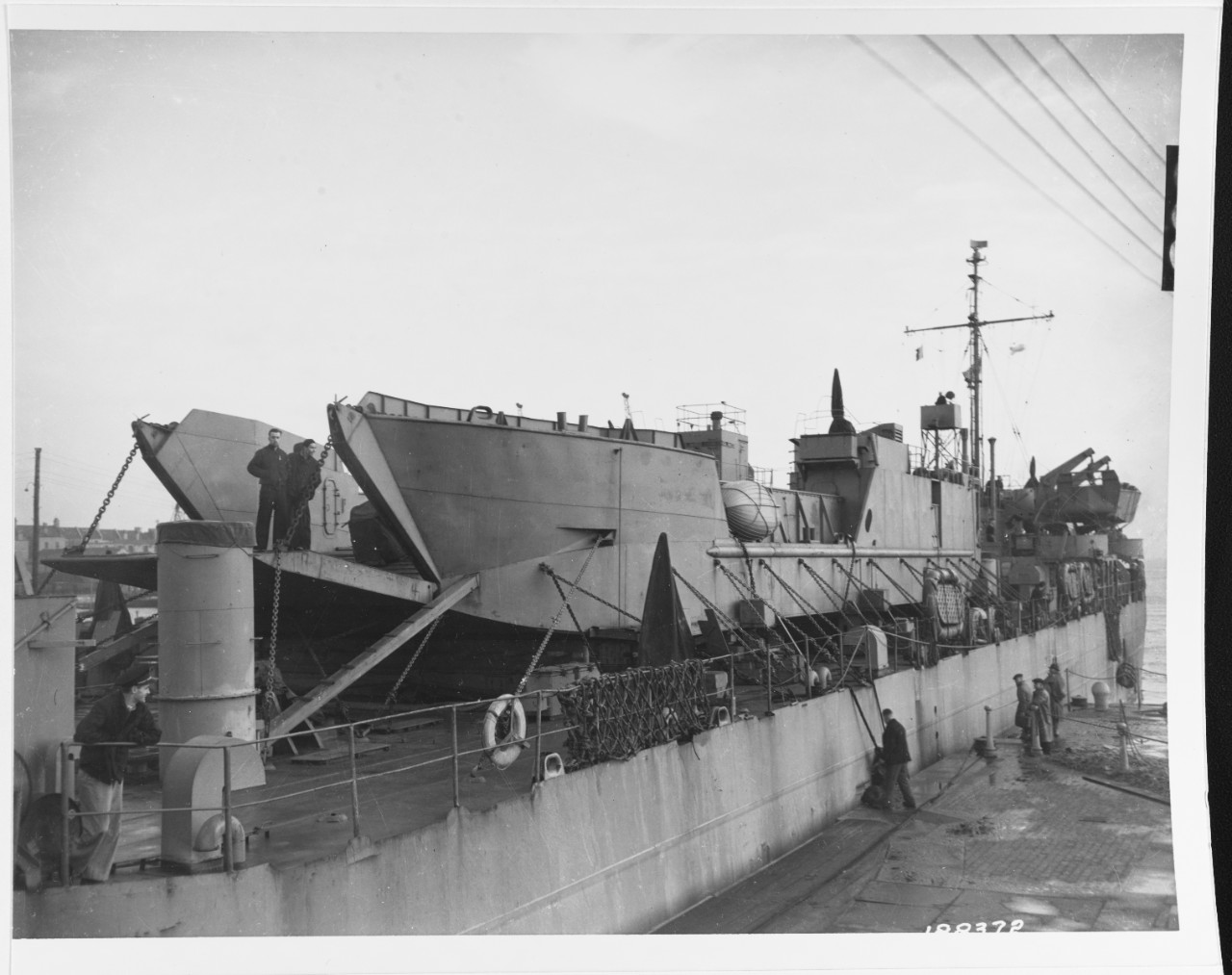 Landing Craft, Tank (Mk6) (LCT) arrives in England on the deck of an LST, 22 February 1944.