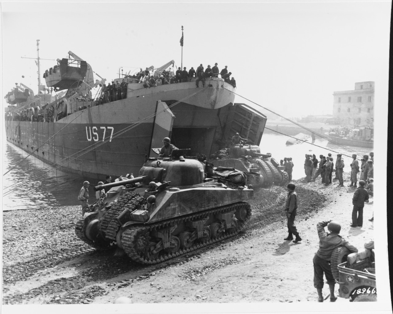 Anzio Campaign, 1944. USS LST-77 lands Fifth Army M-4 "Sherman" Tanks on the Anzio Waterfront