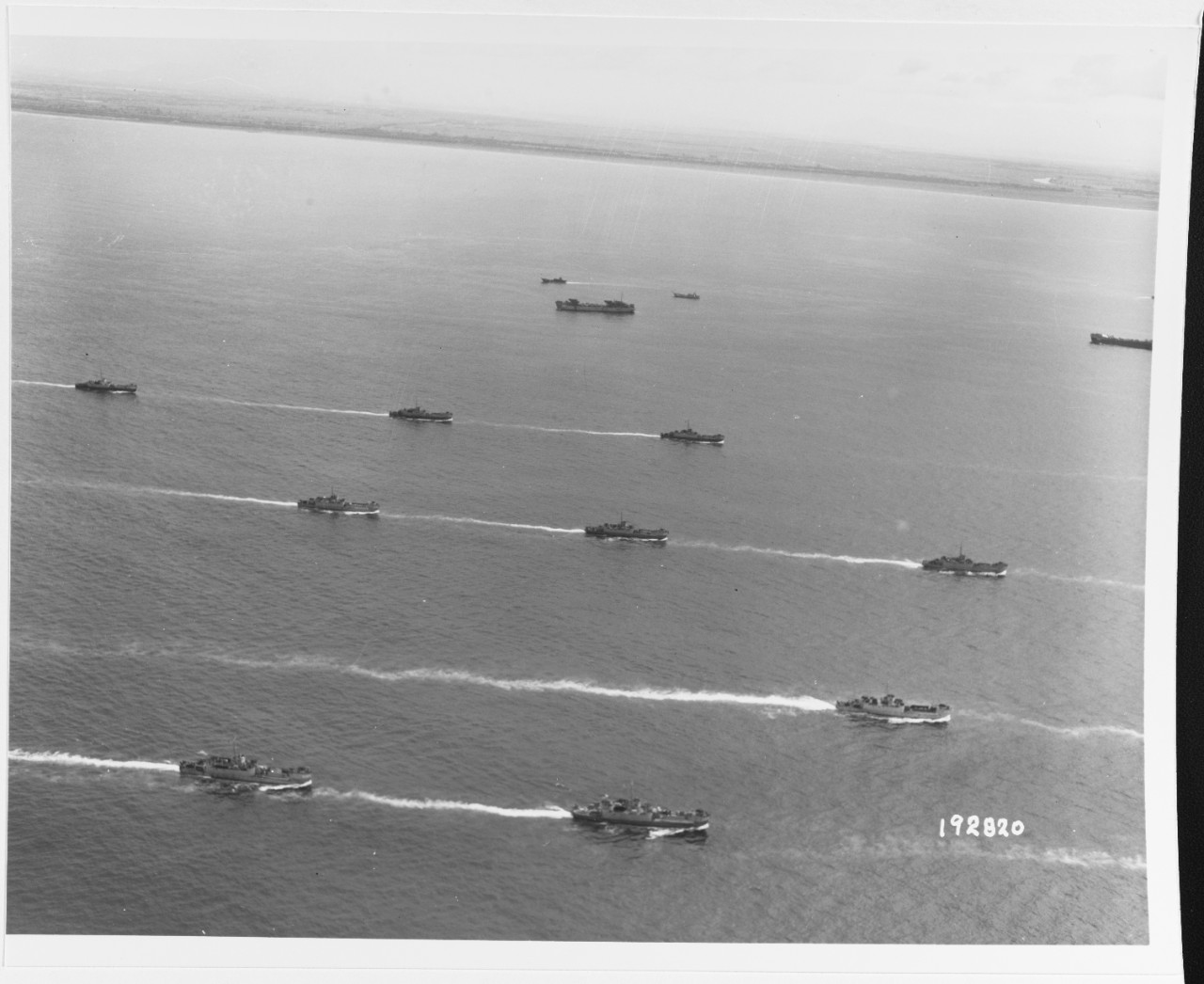 Mediterranean Invasion Rehearsals, 1944. A formation of LCIs underway during exercise "Shamrock", a practice landing of the Third Division off Formia, Italy