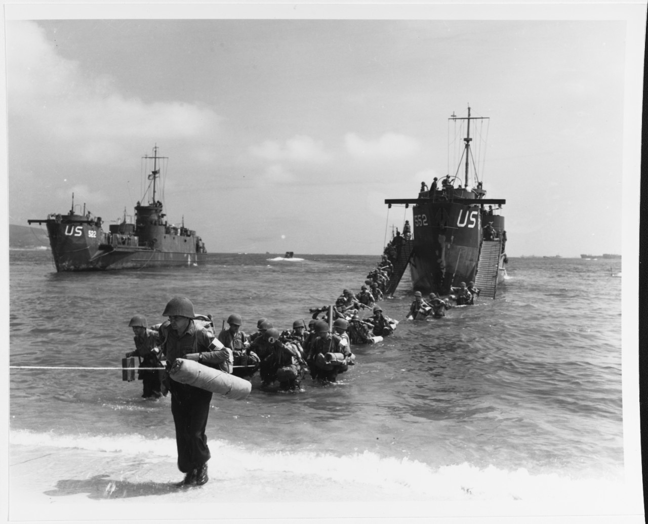 Southern France Invasion, August 1944. 45th Division Troops wade ashore from USS LCI-552, near Ste. Maxime, on "D-Day"