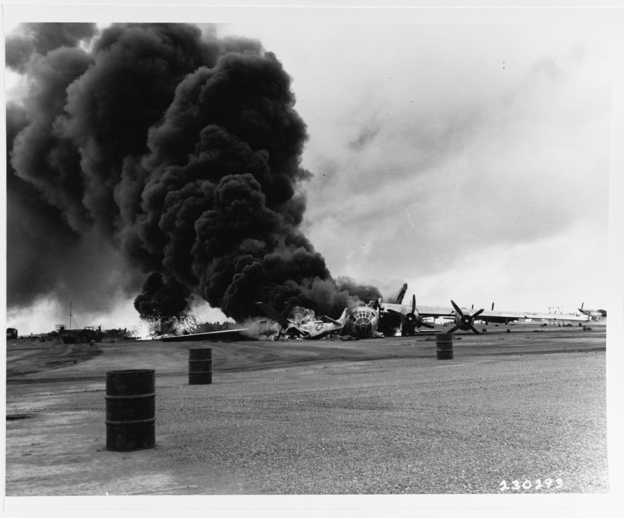 Boeing B-29 Bomber burns on an Iwo Jima airfield, April 24, 1945