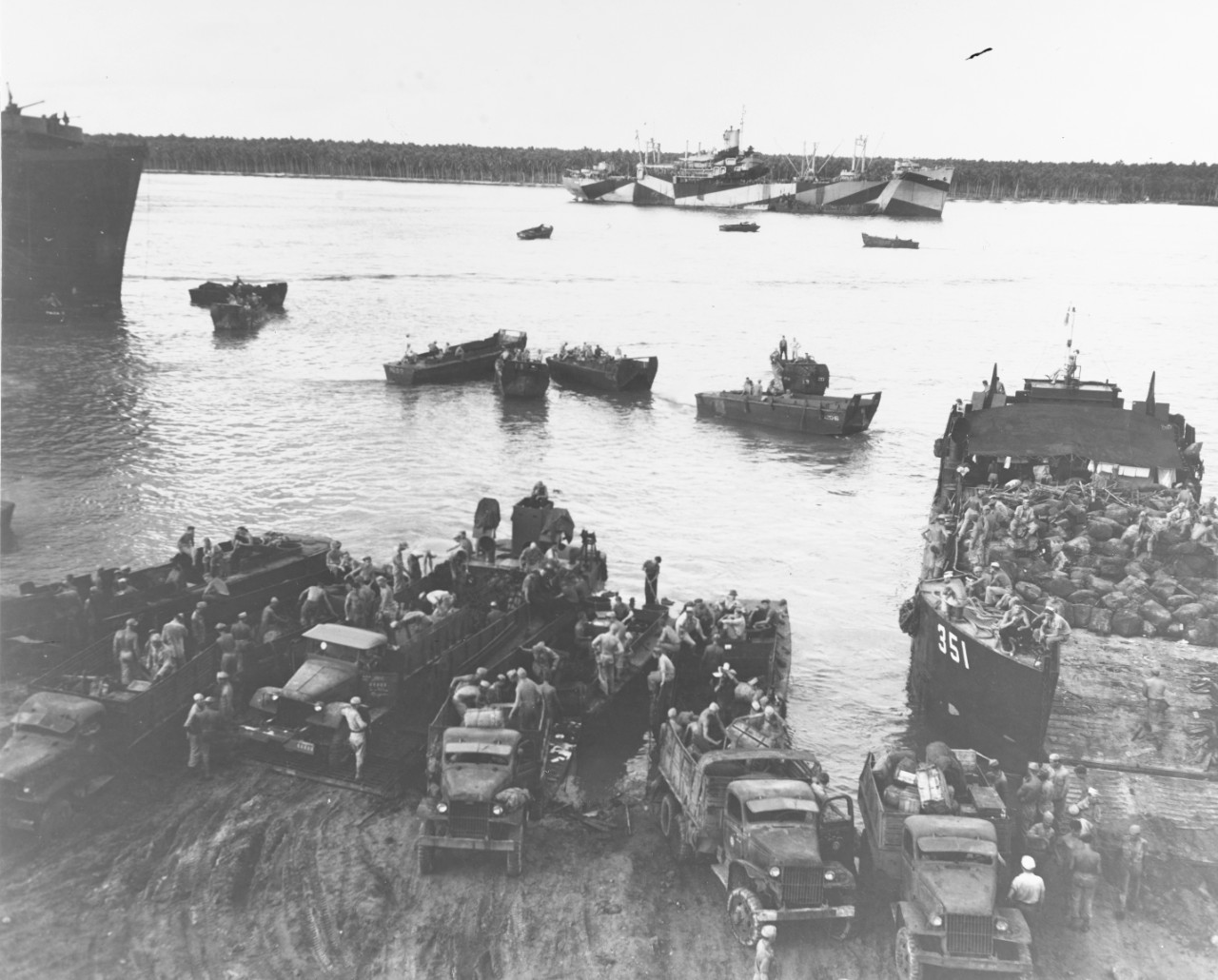Marines unload their gear, Pavuvu, Russell Islands, May 1944