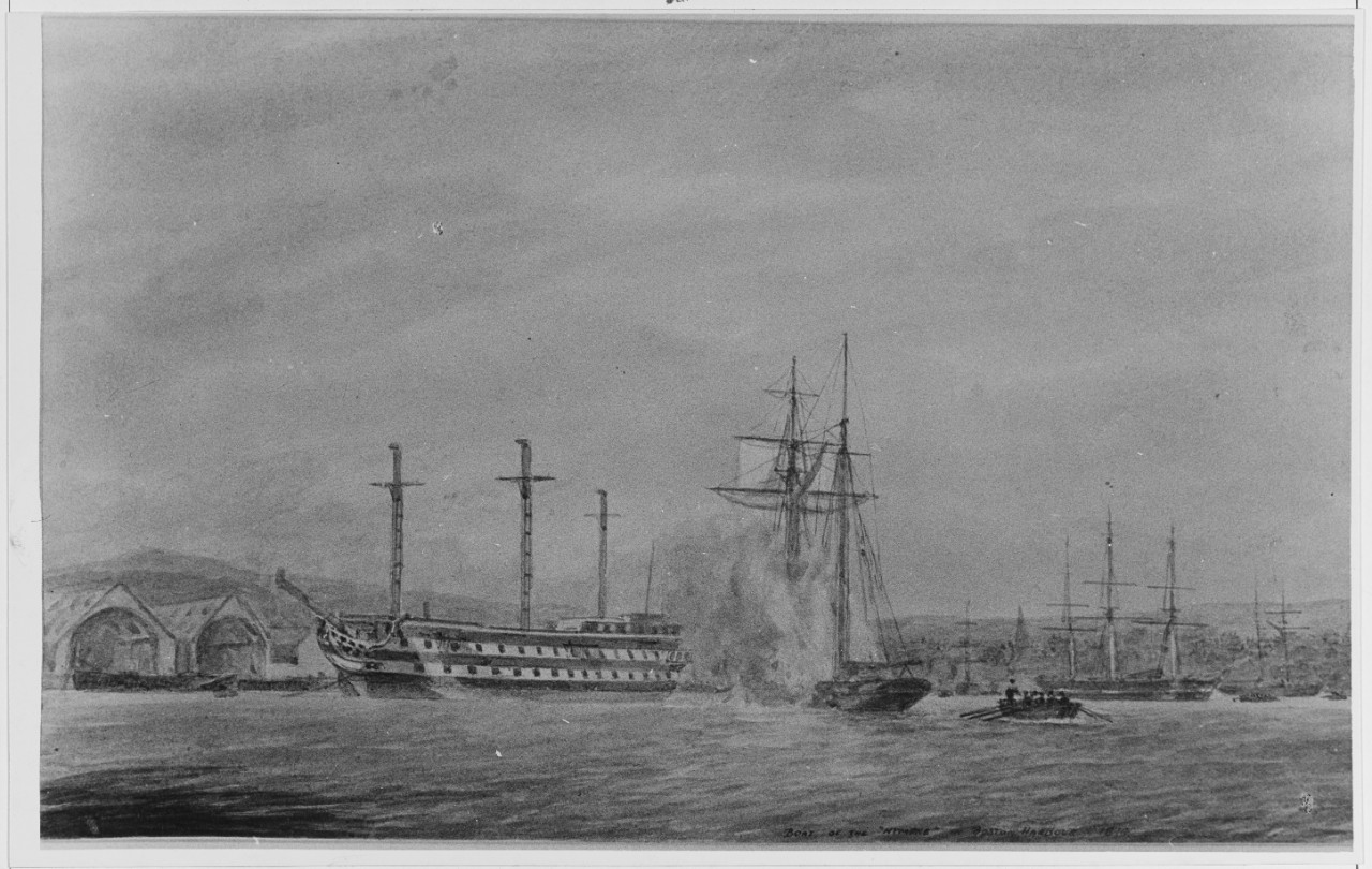 Attack on USS INDEPENDENCE in Boston Harbor by the British Frigate HMS NYMPHE, 1814