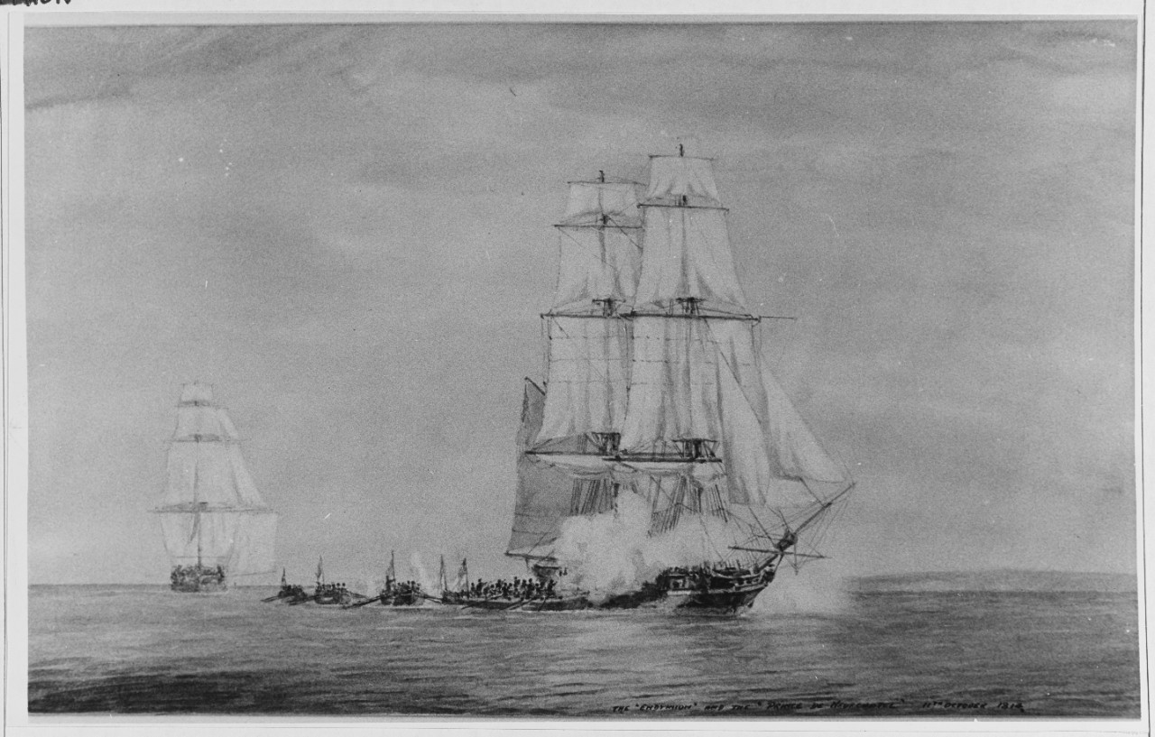 Privateer PRINCE DE NEUFCHATEL Beating off a Boat Attack from HMS ENDYMION off Nantucket Shoals, October 1814