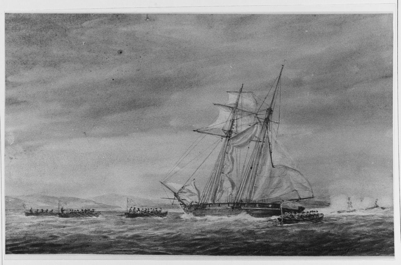 American Privateer MARS Driven on Shore at Sandy Hook by the British Frigate HMS BELIRDERA and Destroyed by Boats from the Brig HMS RATTLER, March 1814