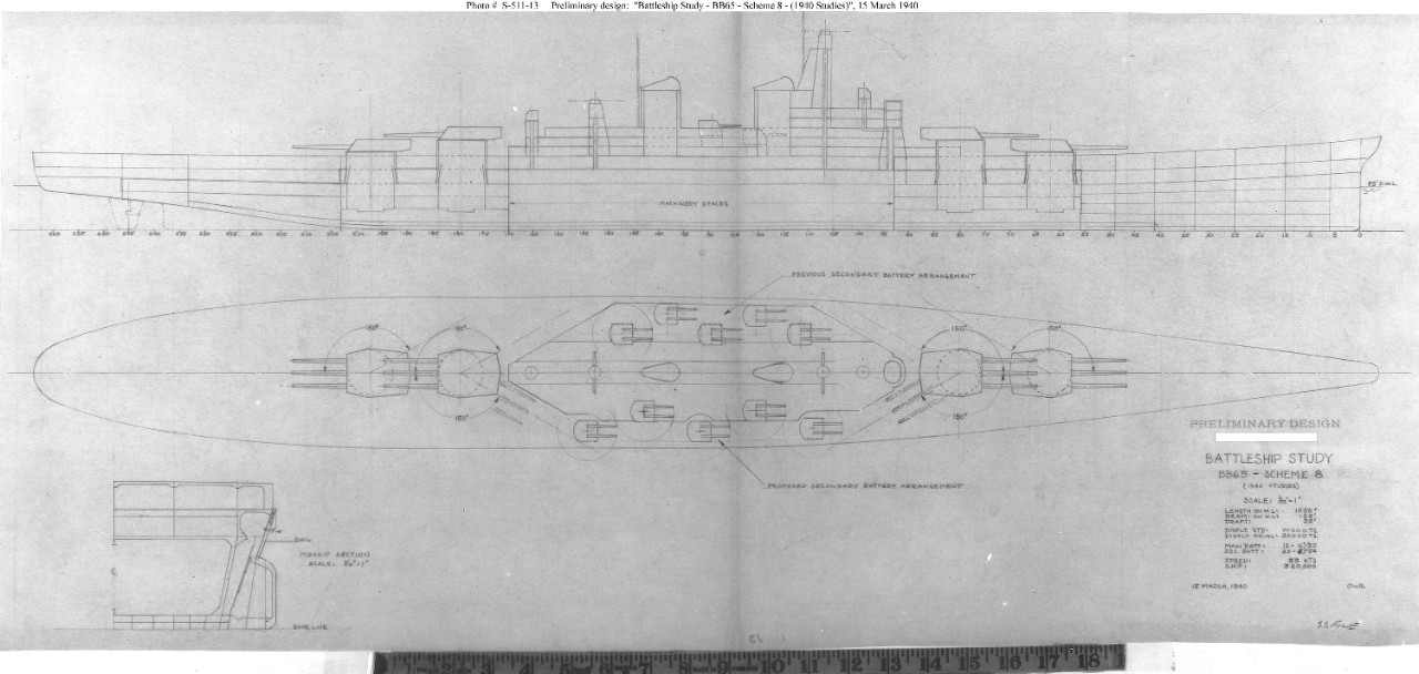 Photo #: S-511-13  &quot;Battleship Study - BB65 - Scheme 8 - (1940 Studies)&quot;