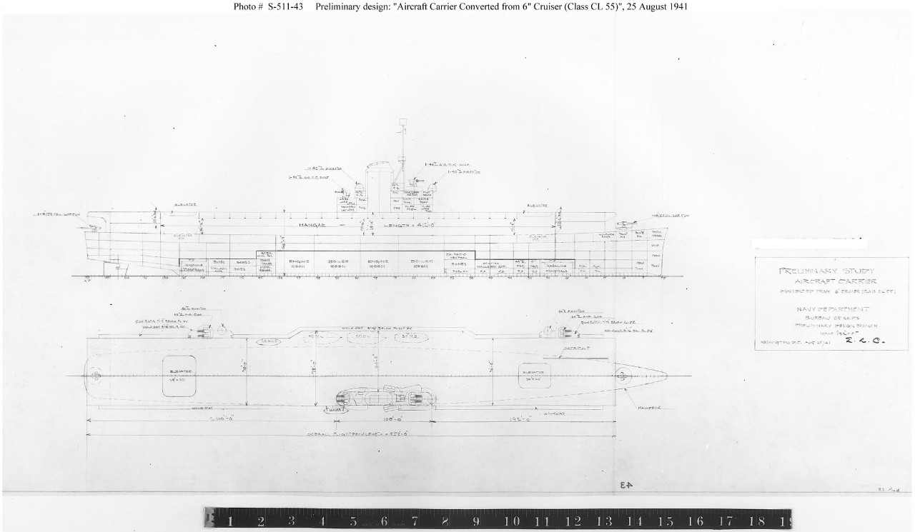 Photo #: S-511-43  &quot;Aircraft Carrier Converted from 6&quot; Cruiser (Class CL55)&quot;
