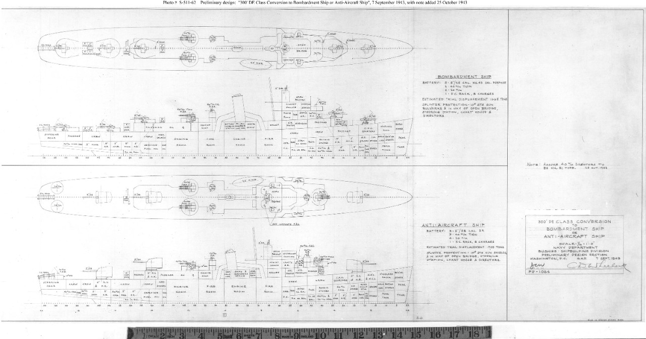 Photo #: S-511-62  &quot;300' DE Class Conversion to Bombardment Ship or Anti-Aircraft Ship&quot;