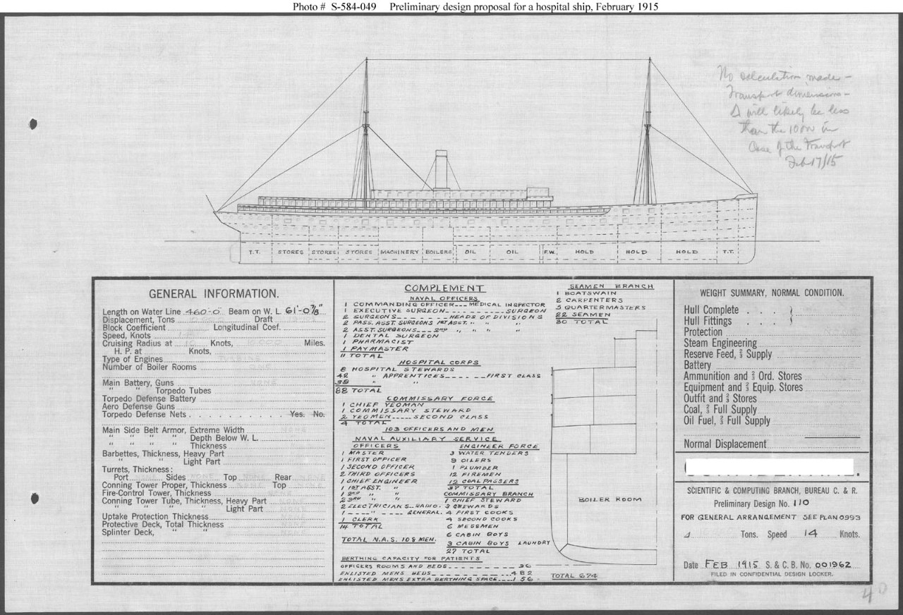 Photo #: S-584-049  Preliminary Design Plan for a Hospital Ship ... February 1915 Note: