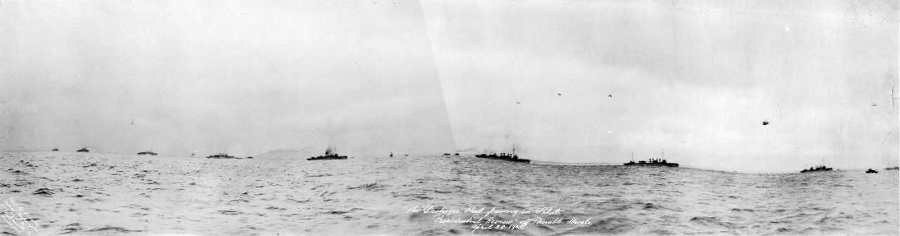 Destroyer Fleet passing in salute of Presidential Review off Thimble Shoals, 1921.