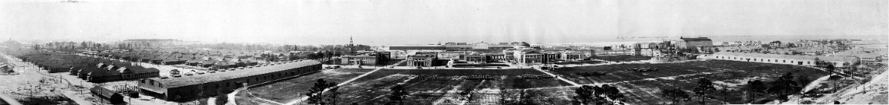 Oversize panoramic photo of Naval Operating Base, Hampton Roads, VA, including the mock ship USS Electrician used for training; 1920