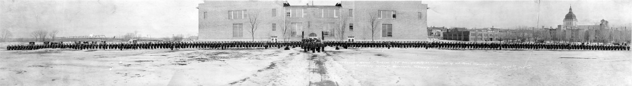 Oversize panoramic: CDR Warren J. Terhune assumes duty as Commandant of U.S. Naval Training Schools, Dunwoody Institute, Minneapolis, MN, February 23, 1918