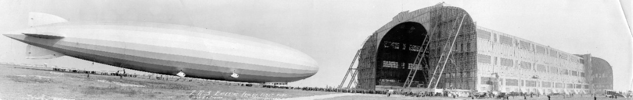 Rigid airship USS Los Angeles (ZR-3) entering its hangar for the first time at Naval Air Station Lakehurst, NJ, probably 1924.
