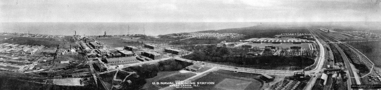 Aerial view of Naval Training Station Great Lakes, circa 1918. 