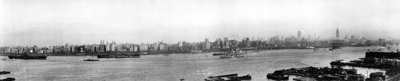 Navy Day, Hudson River, New York City; labeled ships (left to right) are: USS Midway (CVB-41), USS Enterprise (CV-6), USS Isherwood (DD-520), USS Missouri (BB-63), USS New York (BB-34), USS Helena (CA-75); October 27, 1945