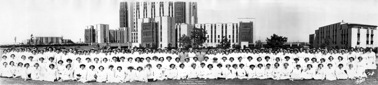 Oversized panoramic of nurses at the naval hospital, Philadelphia, PA, circa 1940s. Photographed in front of the main hospital building. 