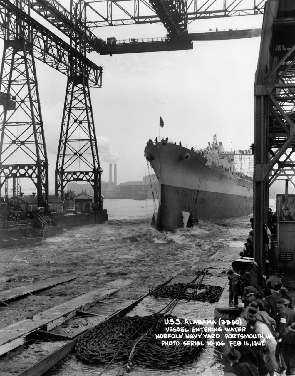 USS Alabama (BB-60) entering water during launching at Norfolk Naval Yard, Portsmouth, VA. February 16, 1942. From the LCDR Carlyle M. Terry Collection.