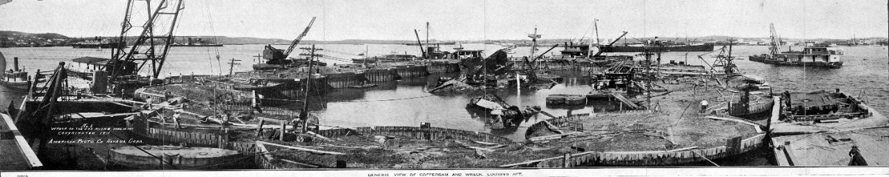 Wreck and salvage operation of the USS Maine (ACR-1), general view of cofferdam and wreck, looking aft, June 16, 1911.