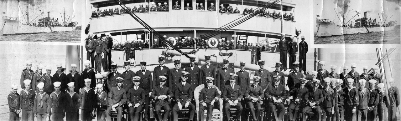 Officers and crew of USS Arctic (AF-7), ca. 1920s. Two similar images of USS Arctic are inset into the corners of the main image.