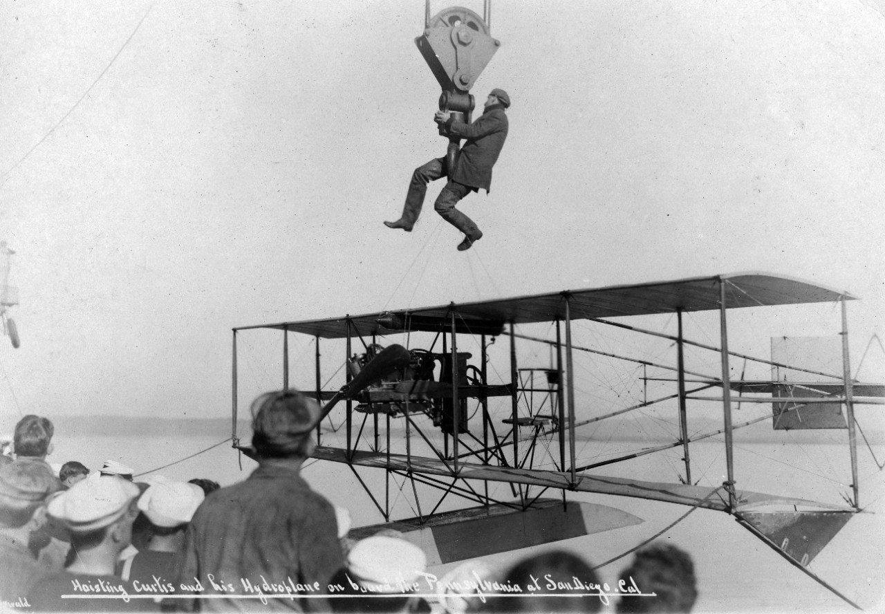 Hoisting Glenn Curtiss onto his Hydroplane