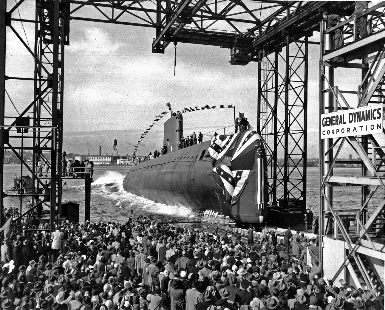 <p>Launching of USS Nautilus (SSN-571) at the Electric Boat Company, Groton, CT. January 21, 1954. Image is from the USS Nautilus Photo Collection, UA 475.05</p>