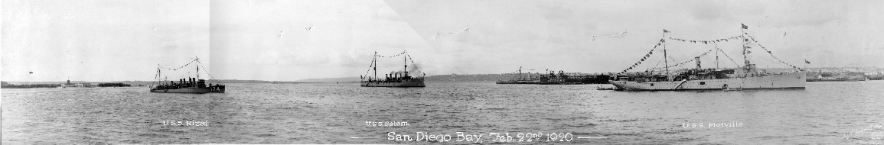 Oversize panoramic of USS Rizal (DD-174), USS Salem (CL-3) & USS Melville (AD-2) in San Diego Bay, February 22, 1920.