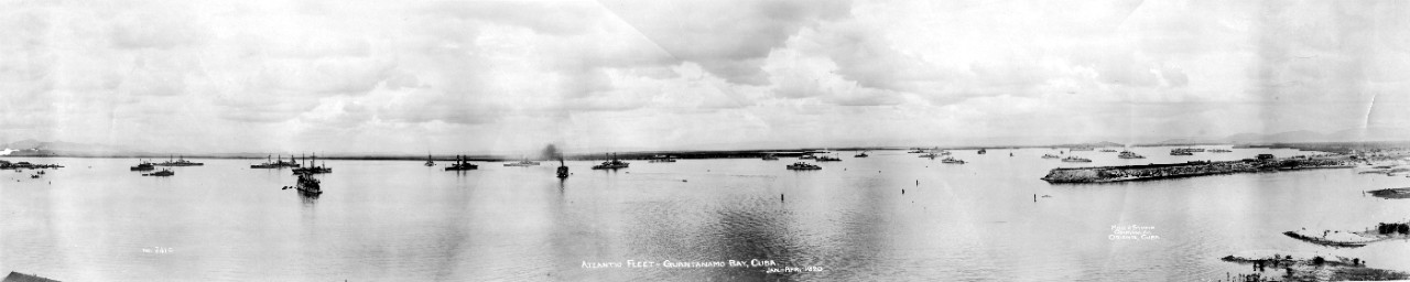 Oversize panoramic of the Atlantic Fleet, Guantanamo Bay, Cuba, January-April 1920. Identified ships in the bay include: USS Reid (DD-292), USS Conyngham (DD-58), USS Rodgers (DD-254), USS Satterlee (DD-190), & USS Robinson (DD-88). 