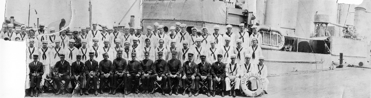 Oversize panoramic of officers and crew of USS Israel (DD-98), circa 1918-1922. The left side of the print has been torn off from the rest of the image. It is available, though not scanned. 