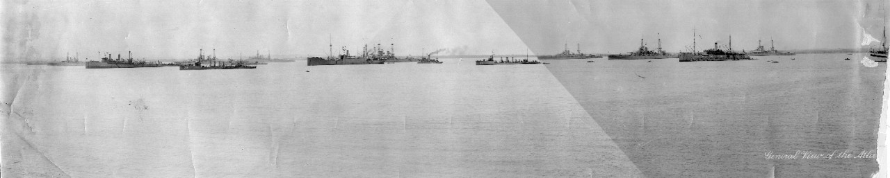 Oversize panoramic photo of a general view of the Atlantic at Guantanamo Bay, Cuba, April 6, 1919. Ships in the bay include: USS Perkins (DD-26), USS Henley (DD-39), & USS Walke (DD-34). This photo has been torn in two pieces. The second half is UA 571.62-a.