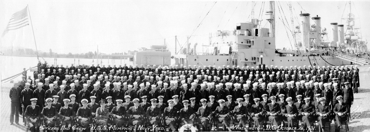 Officers and crew USS Memphis (CL-13), Washington Navy Yard, October 26, 1931. From the collection of CAPT Lowell W. Williams.