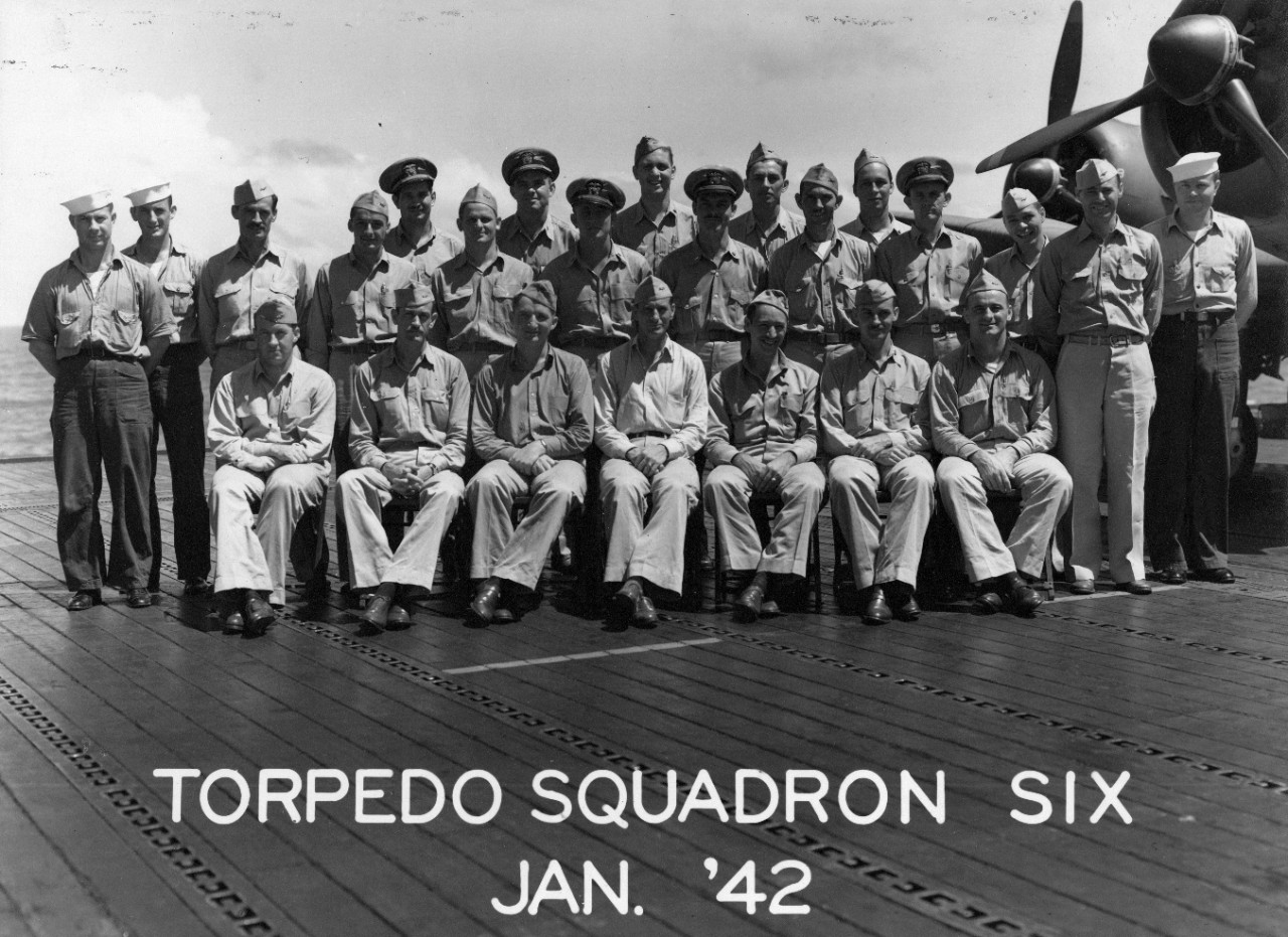 Torpedo Squadron Six, USS Enterprise (CV-6), January 1942. Sitting: Lieutenant (Junior Grade) J.T. Eversole, Lieutenant P.J. Riley, Lieutenant Commander L.E. Massey, Lieutenant Commander E.E. Lindsey, Lieutenant A.V. Ely, Lieutenant D.M. White, Lieutenant (Junior Grade) R.E. Laub. Standing: AMM1c A.W. Winchell, AOM1c J.W. Brock, ACMM S.B. Smith, Ensign W.W. Creamer, Ensign E. Heck, Ensign F.C. Hodges, Ensign J.P. Gray, Ensign J.S. Morris, Lieutenant (Junior Grade) T.A. Aspell, Lieutenant (Junior Grade) S.L. Prickett, Ensign S.L. Rombach, Lieutenant (Junior Grade) L. Thomas, Ensign I.H. McPherson, Ensign R.M. Holder, ACMM H.A. Mueller, ACMM, T.E. Schafer, AMM1c R.J. Newman.