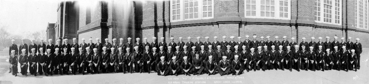 Oversize panoramic of Recruit Company 104-42, Naval Training Station Great Lakes, IL, March 2, 1942.
