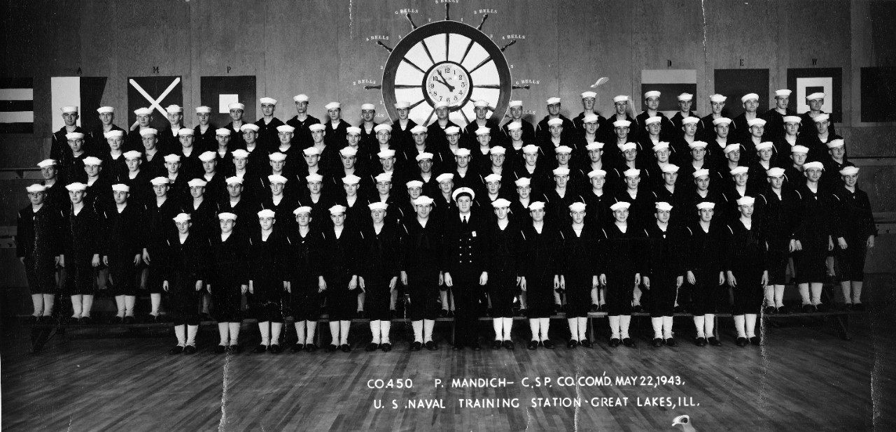 US Naval Training Station, Great Lakes, IL - Company 450, May 22, 1943. From the collection of Mora M. Julliard. 