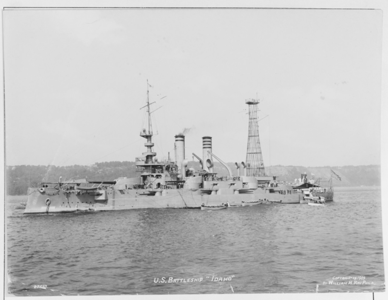 USS Idaho (Battleship # 24) In the Hudson River off Fort Lee, New Jersey, 1909. Photographed by William H. Rau. U.S. Naval History and Heritage Command Photograph.