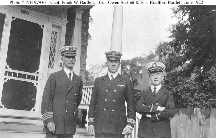 Photo #: NH 97936  Captain Frank W. Bartlett, USN (Retired), Lieutenant Commander Owen Bartlett, USN, and Ensign Bradford Bartlett, USN